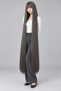 Charcoal Gray 150cm extra long straight cosplay wig with bangs on a full-body model