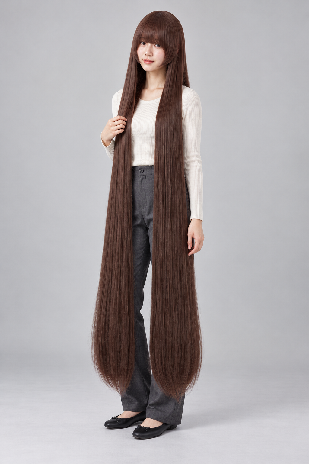 Chocolate Brown 150cm extra long straight cosplay wig with bangs on a full-body model