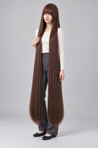 Chocolate Brown 150cm extra long straight cosplay wig with bangs on a full-body model