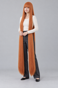 Copper Orange 150cm extra long straight cosplay wig with bangs on a full-body model