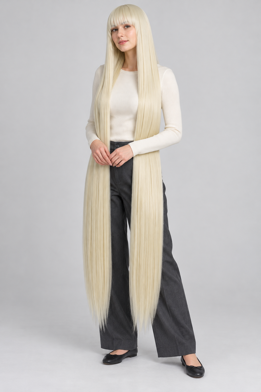 Cream Blonde 150cm extra long straight cosplay wig with bangs on a full-body model