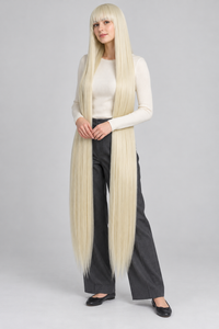 Cream Blonde 150cm extra long straight cosplay wig with bangs on a full-body model