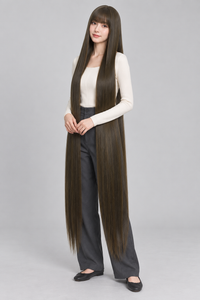 Dark Olive Brown 150cm extra long straight cosplay wig with bangs on a full-body model
