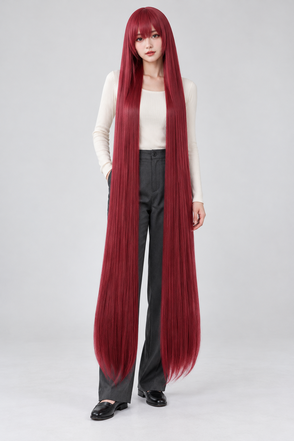 Deep Crimson 150cm extra long straight cosplay wig with bangs on a full-body model