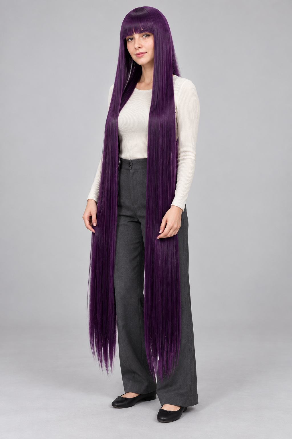 Deep Plum 150cm extra long straight cosplay wig with bangs on a full-body model