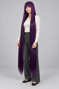 Deep Plum 150cm extra long straight cosplay wig with bangs on a full-body model