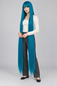Deep Teal Blue 150cm extra long straight cosplay wig with bangs on a full-body model