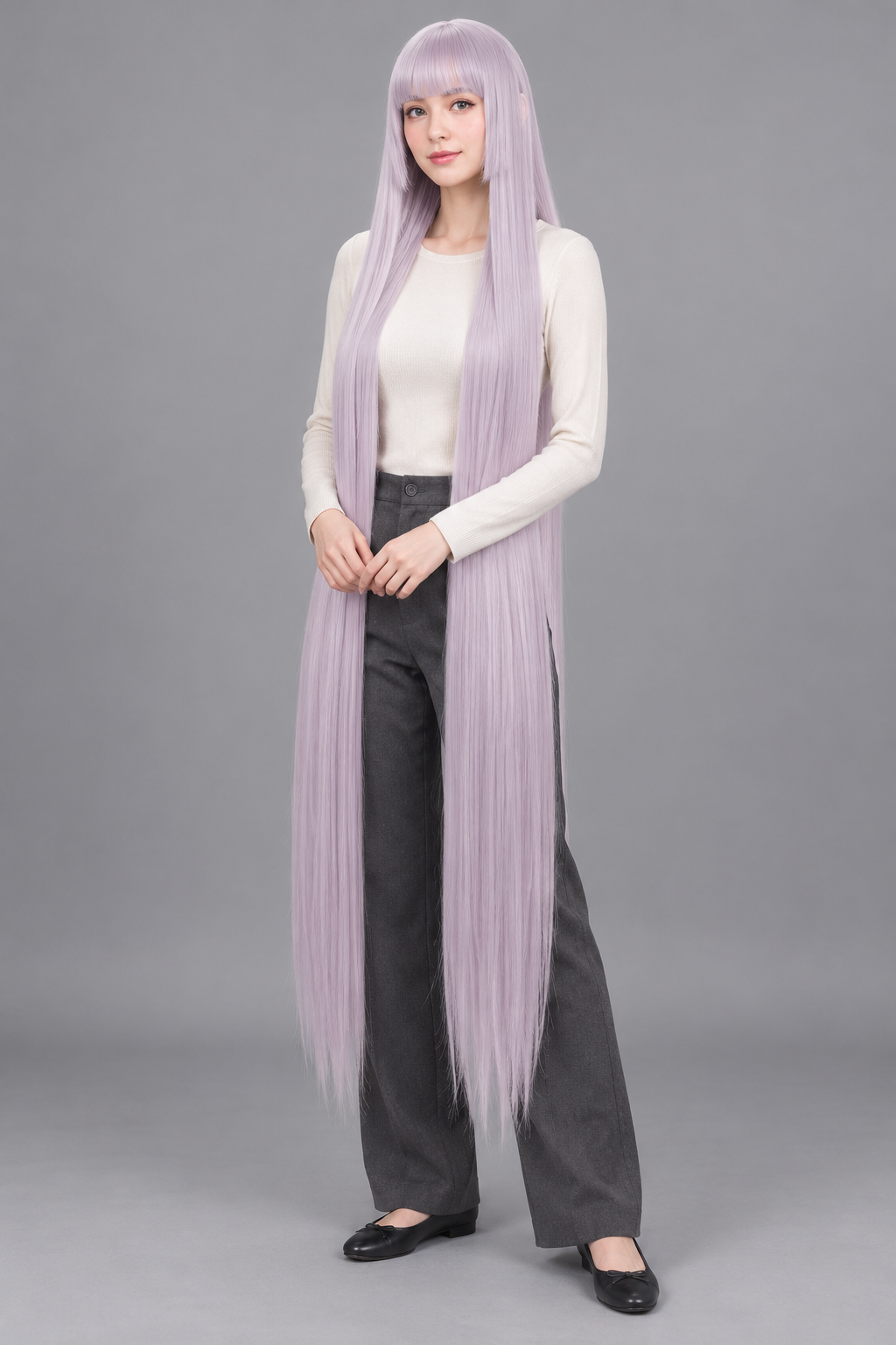 Dusty Lilac 150cm extra long straight cosplay wig with bangs on a full-body model