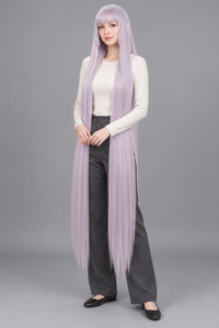 Dusty Lilac 150cm extra long straight cosplay wig with bangs on a full-body model