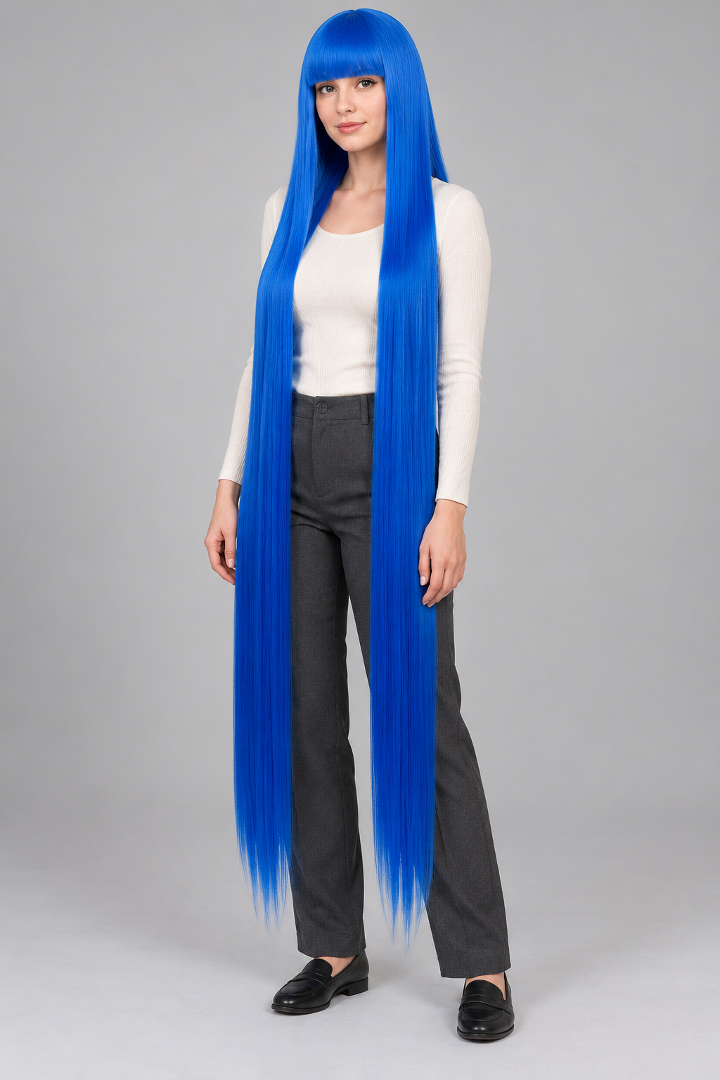 Electric Blue 150cm extra long straight cosplay wig with bangs on a full-body model