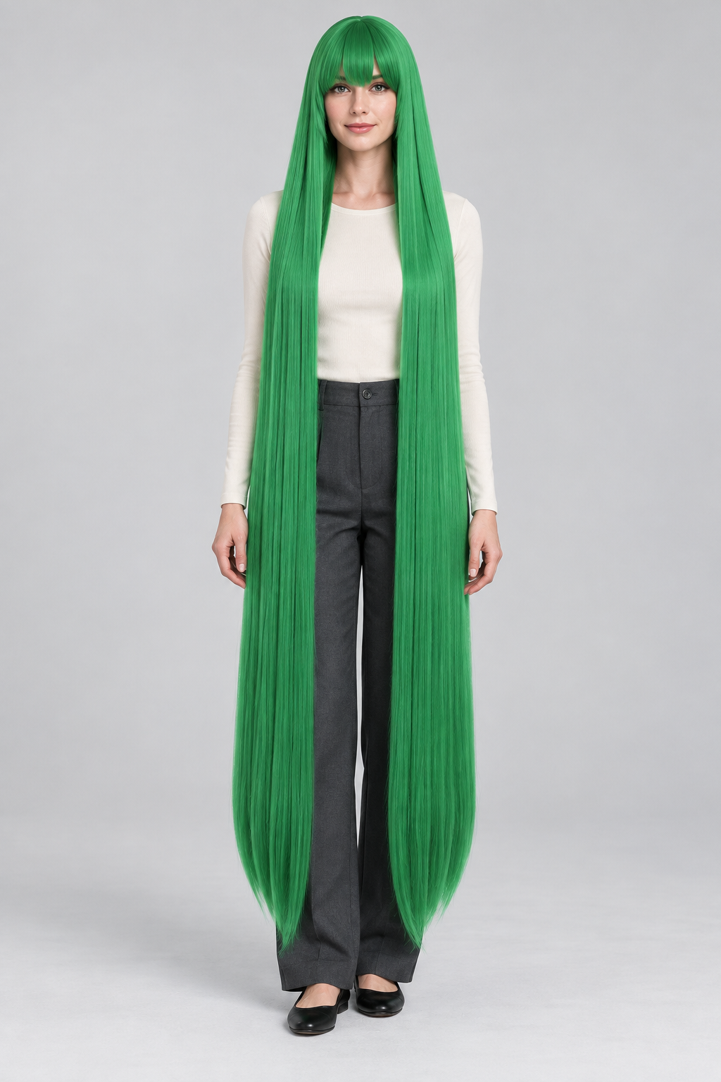 Emerald Green 150cm extra long straight cosplay wig with bangs on a full-body model