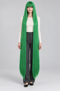 Emerald Green 150cm extra long straight cosplay wig with bangs on a full-body model