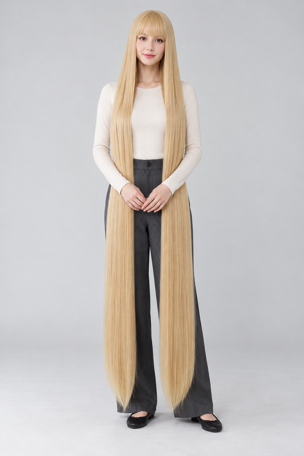 Golden Blonde 150cm extra long straight cosplay wig with bangs on a full-body model