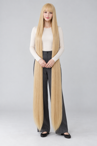 Golden Blonde 150cm extra long straight cosplay wig with bangs on a full-body model