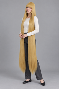 Honey Gold 150cm extra long straight cosplay wig with bangs on a full-body model