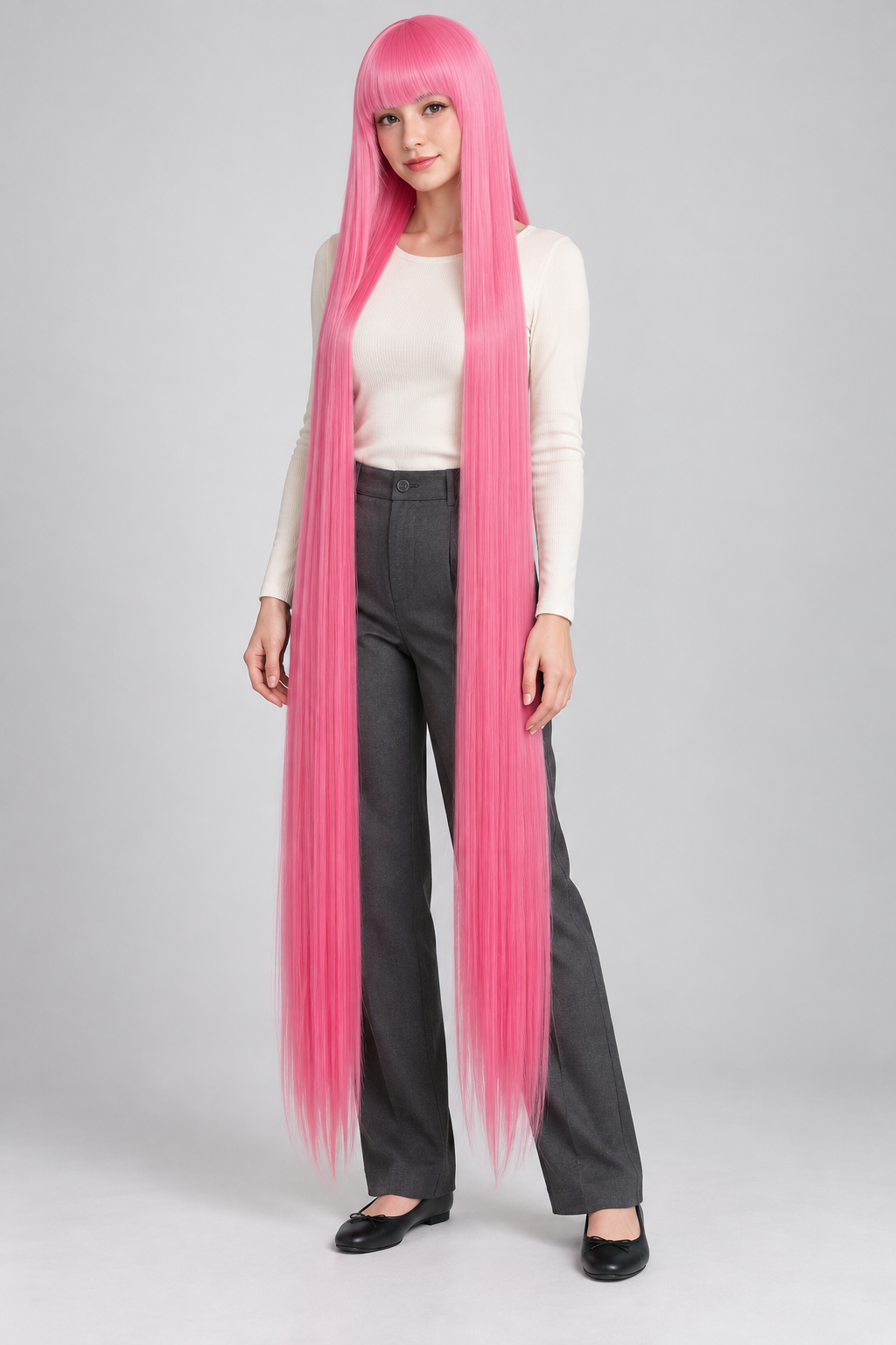Hot Pink 150cm extra long straight cosplay wig with bangs on a full-body model