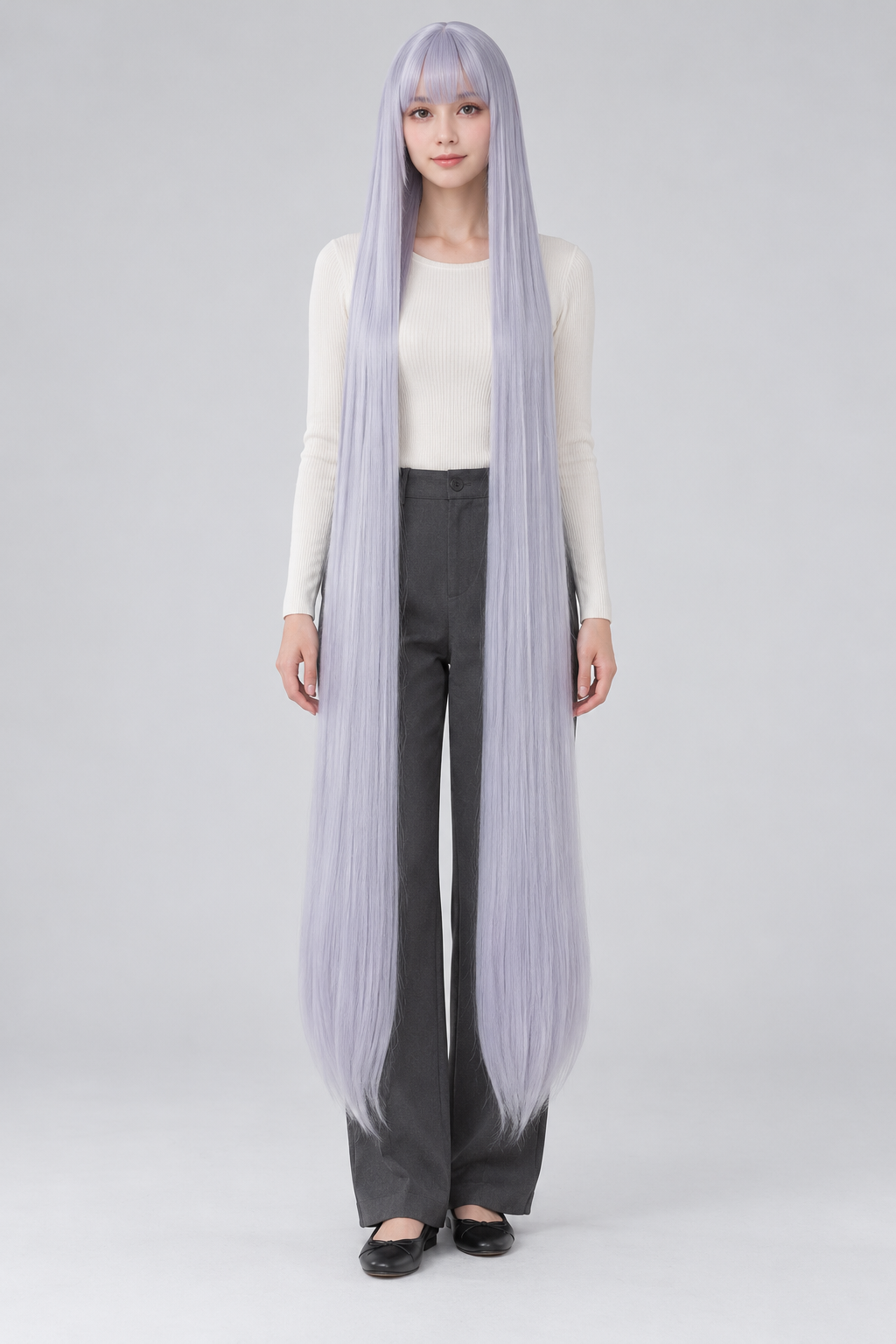 Icy Lavender 150cm extra long straight cosplay wig with bangs on a full-body model