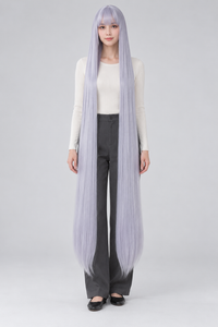 Icy Lavender 150cm extra long straight cosplay wig with bangs on a full-body model