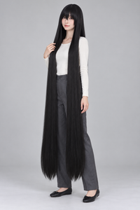 Jet Black 150cm extra long straight cosplay wig with bangs on a full-body model