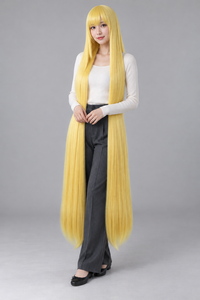 Lemon Yellow 150cm extra long straight cosplay wig with bangs on a full-body model