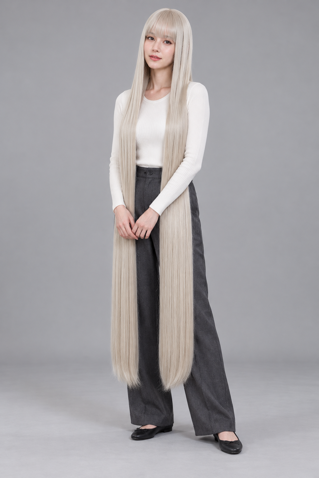 Light Ash Blonde 150cm extra long straight cosplay wig with bangs on a full-body model