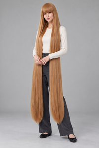 Light Chestnut 150cm extra long straight cosplay wig with bangs on a full-body model