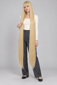 Light Golden Blonde 150cm extra long straight cosplay wig with bangs on a full-body model