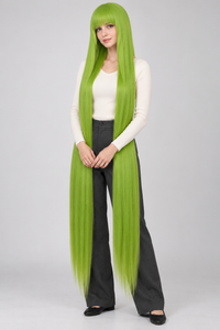 Lime Green 150cm extra long straight cosplay wig with bangs on a full-body model