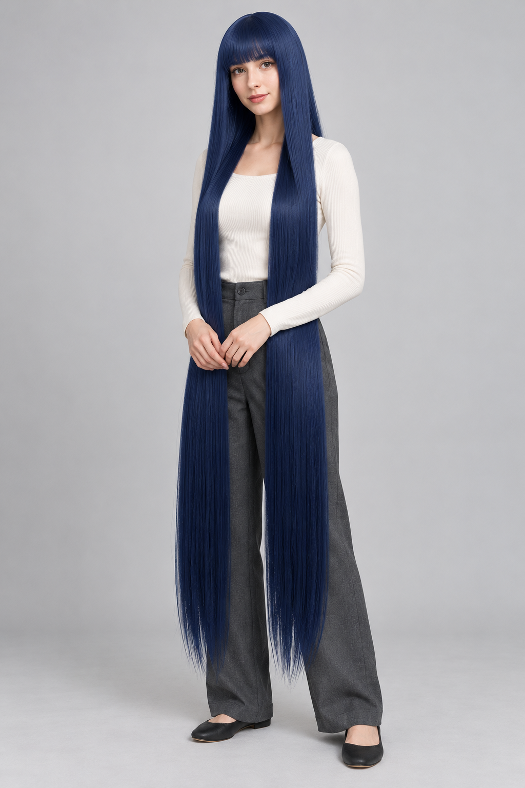Midnight Blue 150cm extra long straight cosplay wig with bangs on a full-body model
