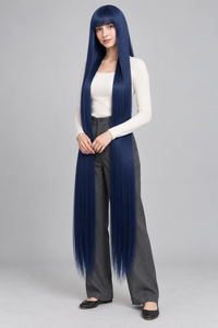 Midnight Blue 150cm extra long straight cosplay wig with bangs on a full-body model