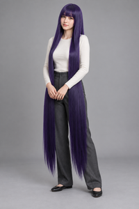 Midnight Violet 150cm extra long straight cosplay wig with bangs on a full-body model