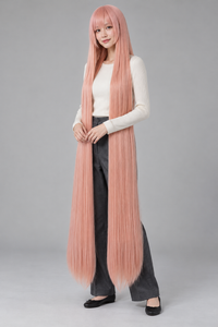Peach Pink 150cm extra long straight cosplay wig with bangs on a full-body model