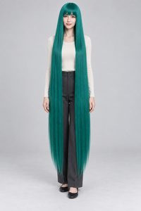 Peacock Green 150cm extra long straight cosplay wig with bangs on a full-body model