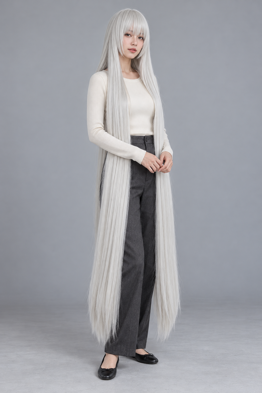 Pearl White 150cm extra long straight cosplay wig with bangs on a full-body model
