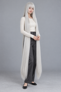 Pearl White 150cm extra long straight cosplay wig with bangs on a full-body model