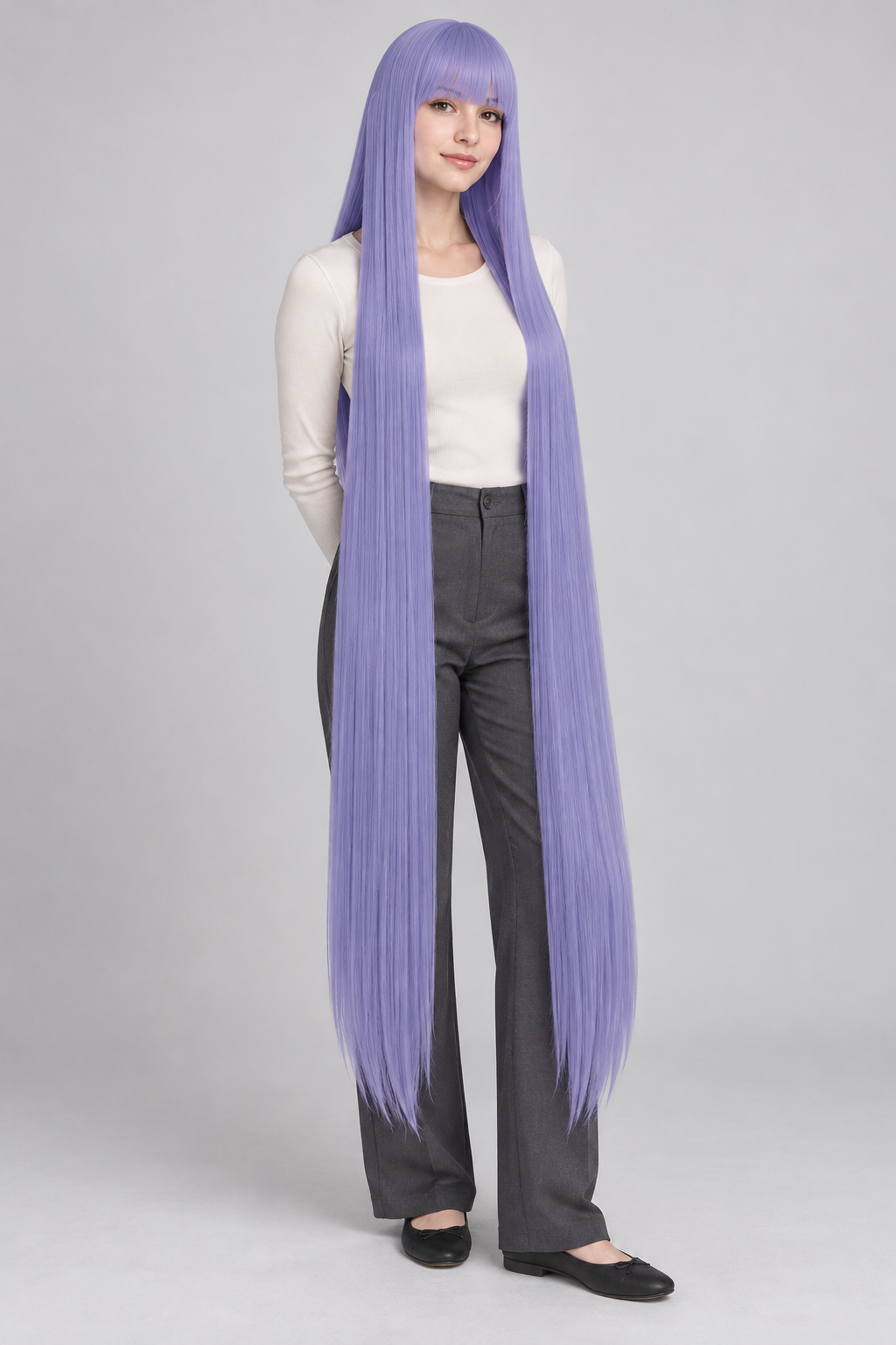 Periwinkle Lavender 150cm extra long straight cosplay wig with bangs on a full-body model