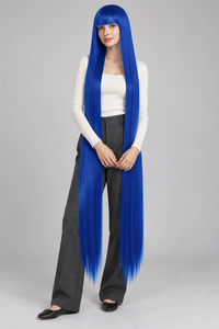 Royal Blue 150cm extra long straight cosplay wig with bangs on a full-body model