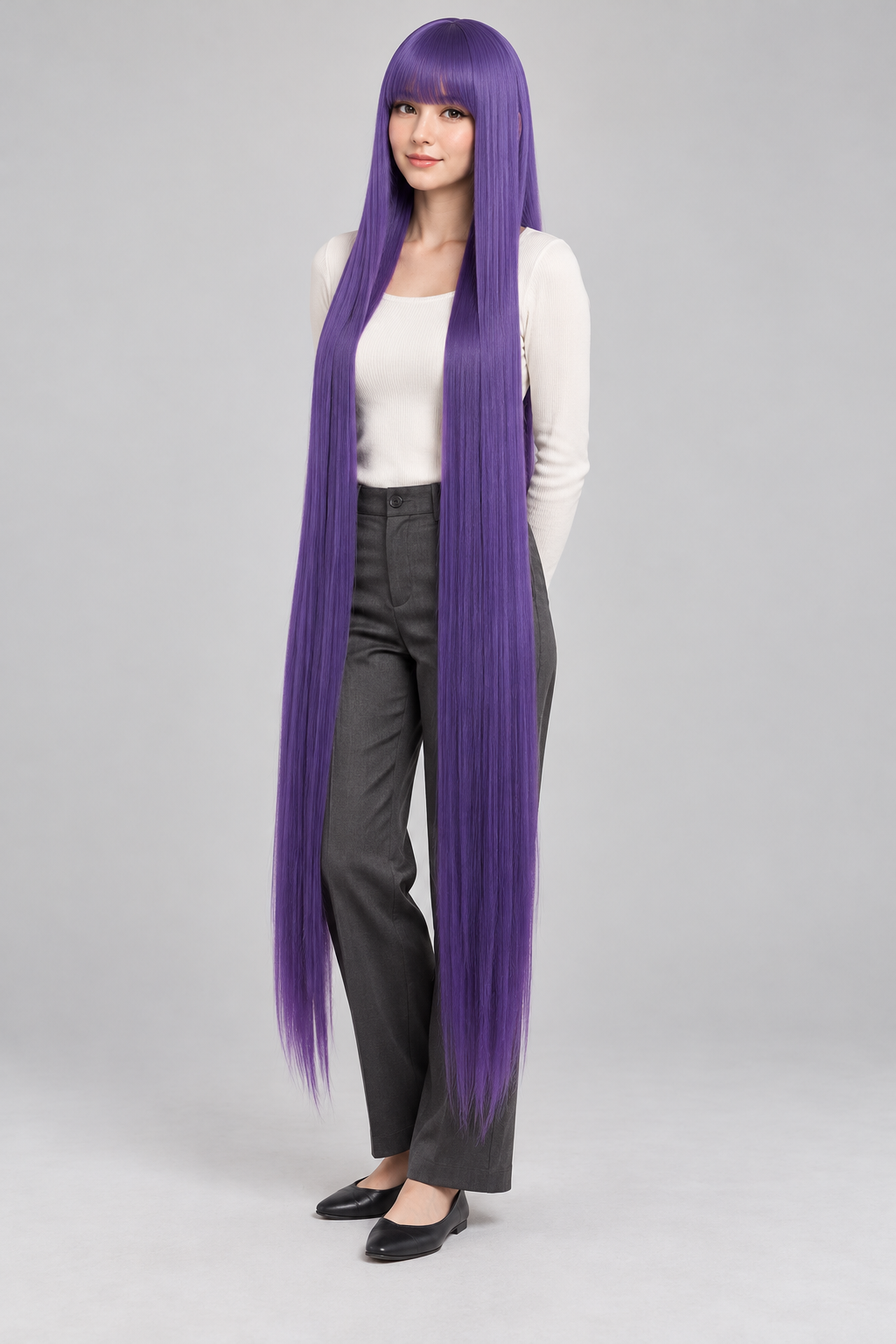 Royal Purple 150cm extra long straight cosplay wig with bangs on a full-body model