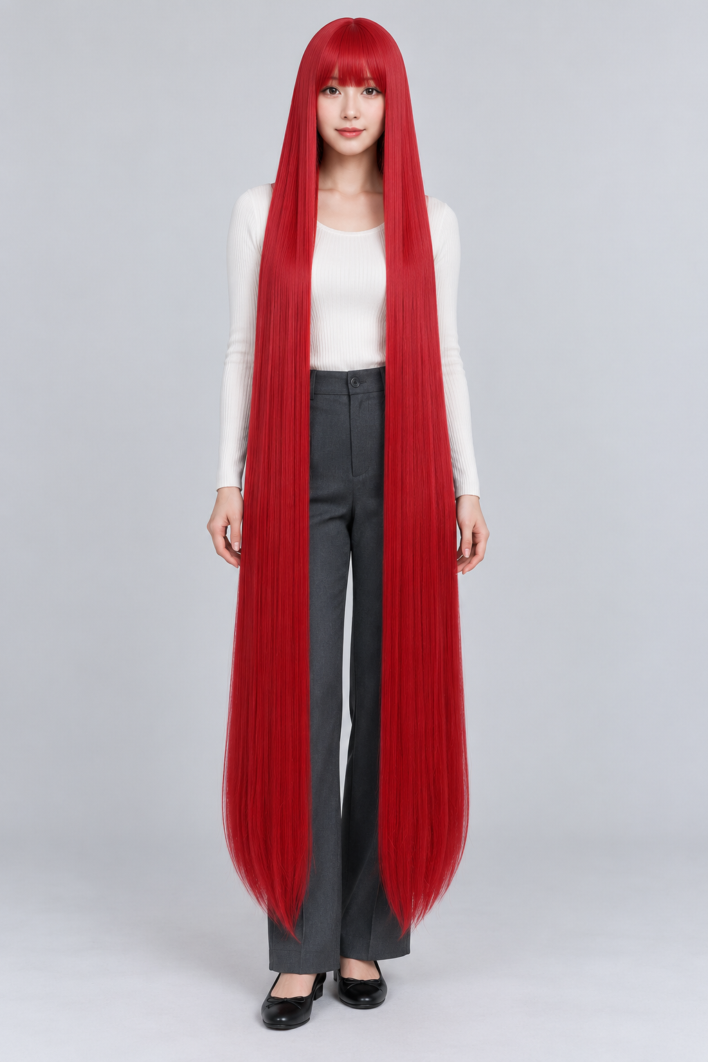 Scarlet Red 150cm extra long straight cosplay wig with bangs on a full-body model