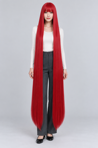 Scarlet Red 150cm extra long straight cosplay wig with bangs on a full-body model