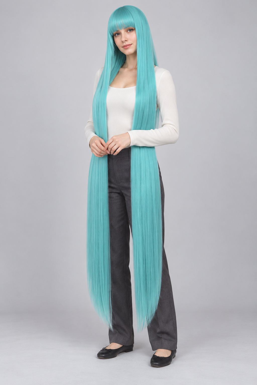 Seafoam Blue 150cm extra long straight cosplay wig with bangs on a full-body model