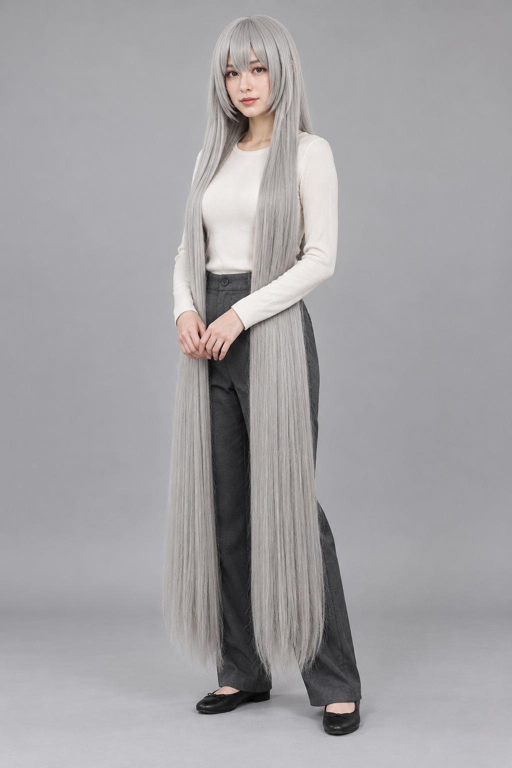Silver Gray 150cm extra long straight cosplay wig with bangs on a full-body model