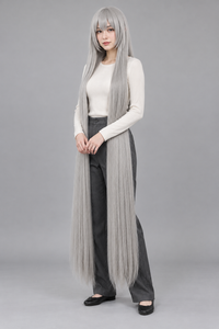 Silver Gray 150cm extra long straight cosplay wig with bangs on a full-body model