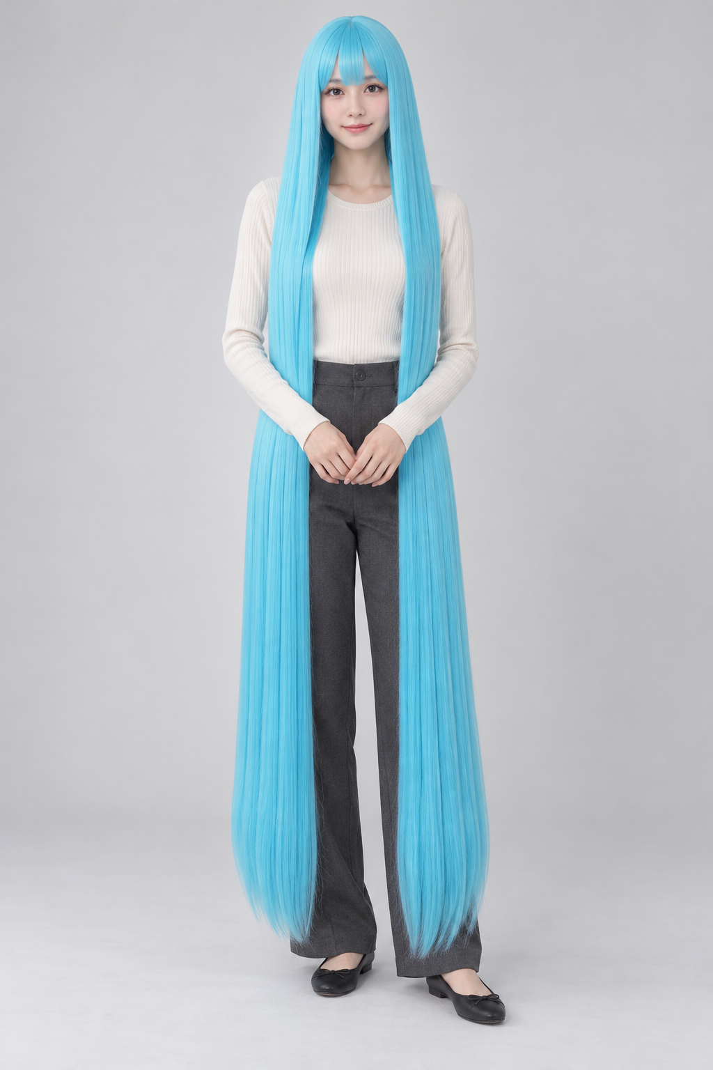Sky Blue 150cm extra long straight cosplay wig with bangs on a full-body model