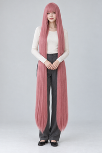 Smoky Rose 150cm extra long straight cosplay wig with bangs on a full-body model