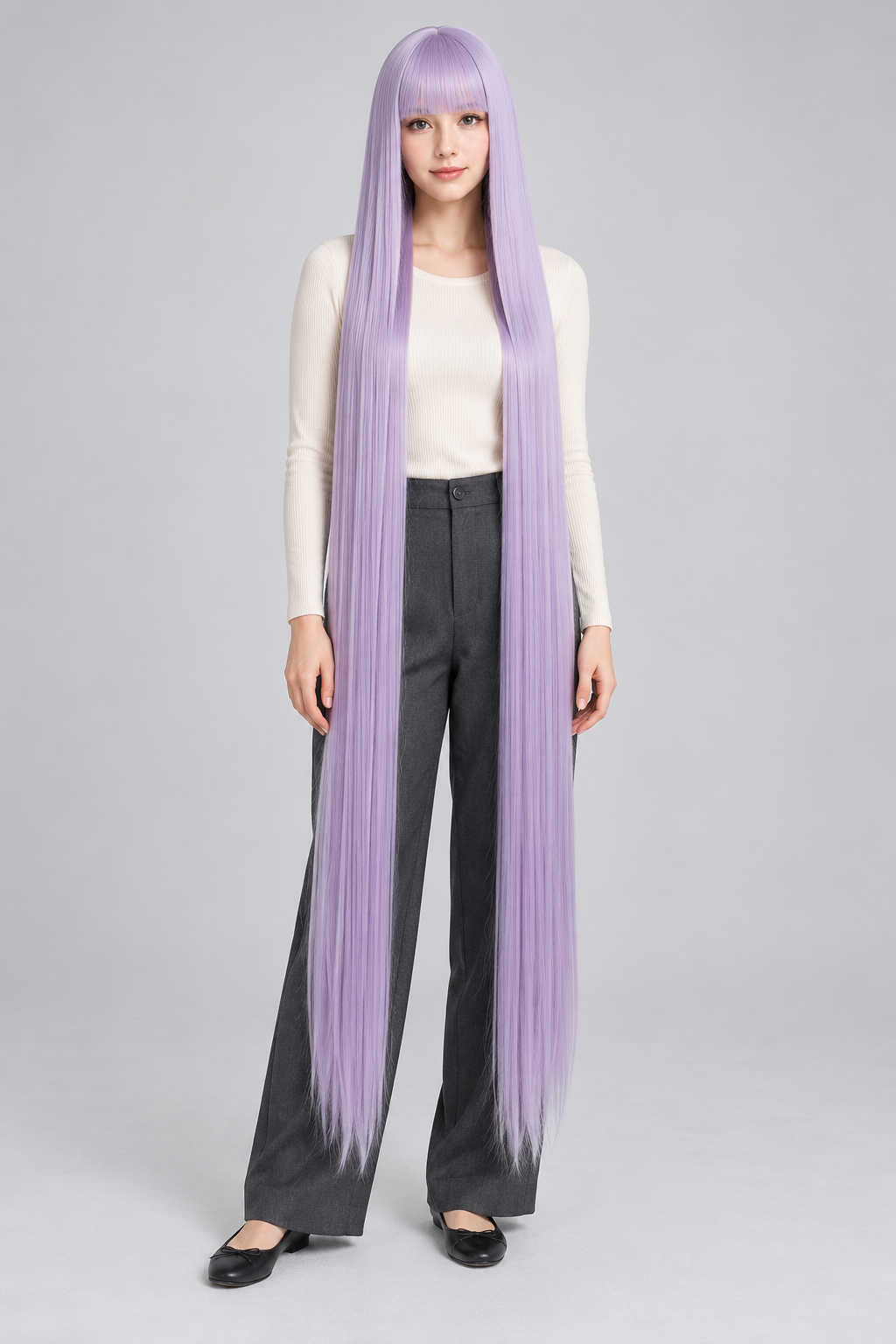 Soft Lilac 150cm extra long straight cosplay wig with bangs on a full-body model