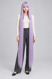 Soft Lilac 150cm extra long straight cosplay wig with bangs on a full-body model