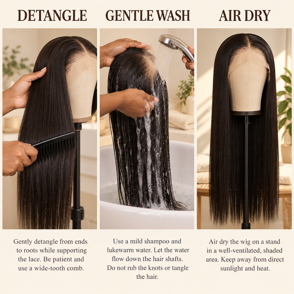 Illustrative care for straight human hair closure sets and samples
