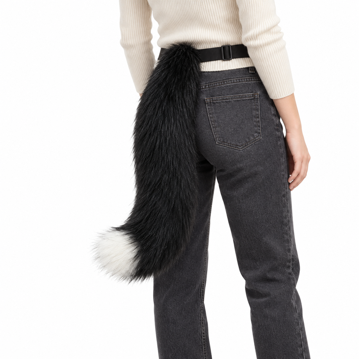 Black and white tail worn by model on white background