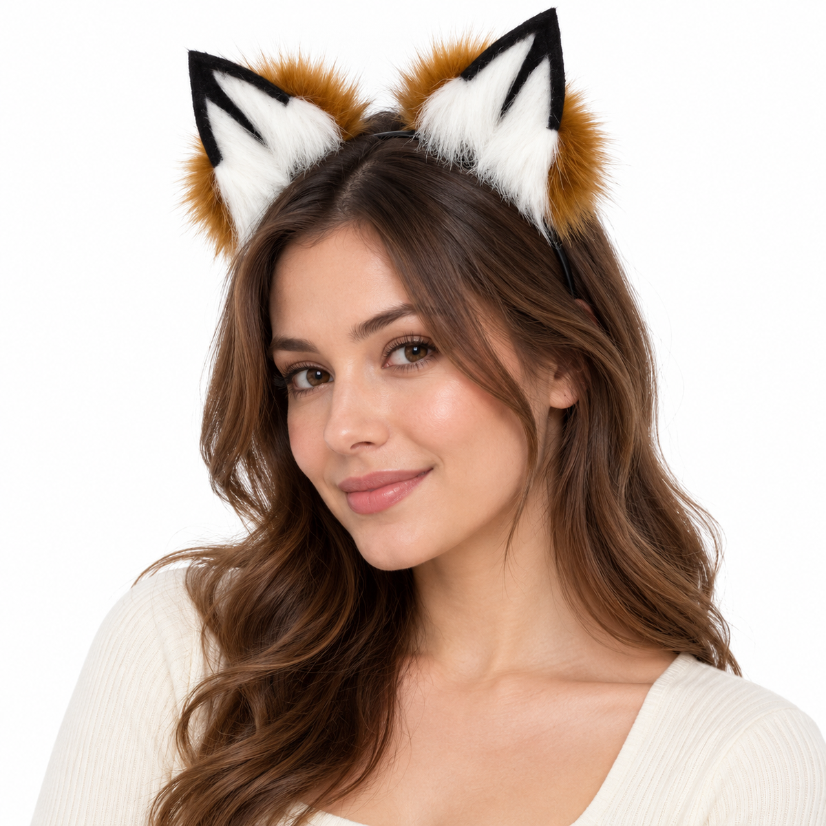 Russet brown ears worn by model on white background
